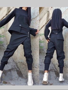 2 piece black asymmetrical outfit.